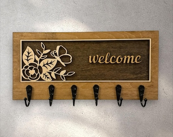 Rustic Wooden Key Holder with Hooks: Butterfly Floral Decor