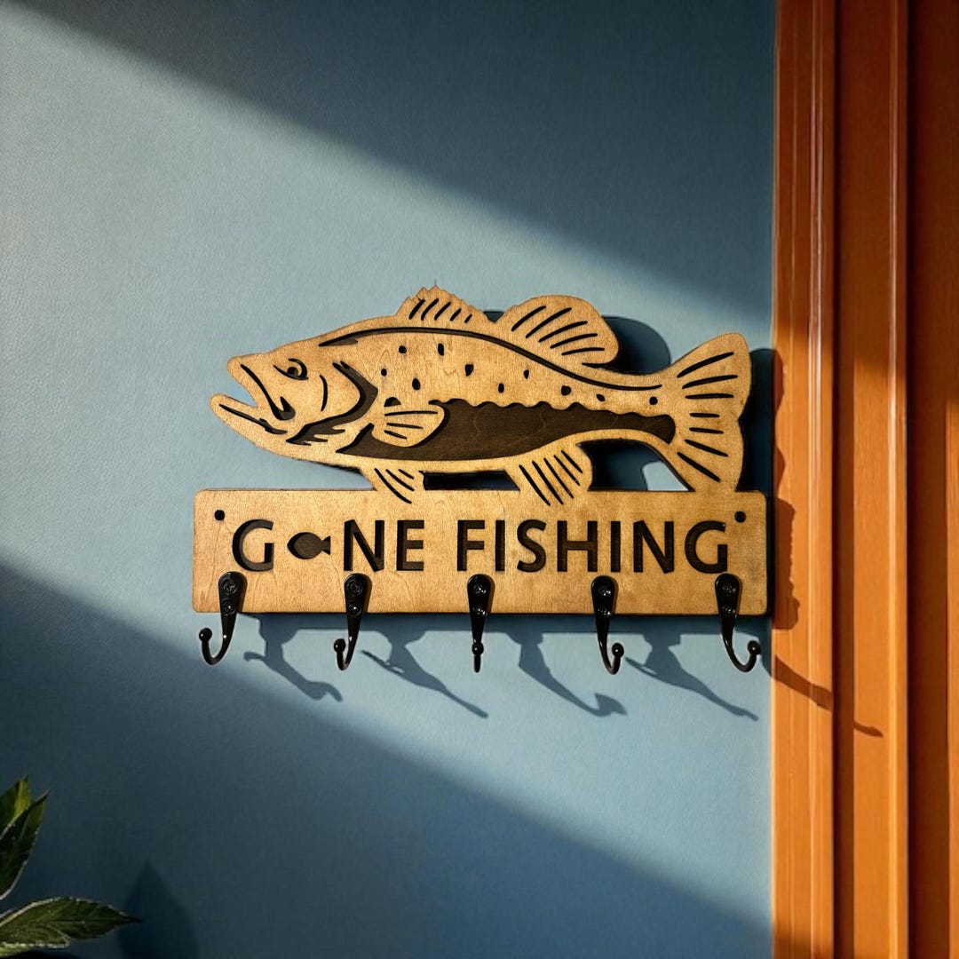 Gone Fishing Key Holder for Wall – Wooden Key Rack With Hooks Fisherman ...