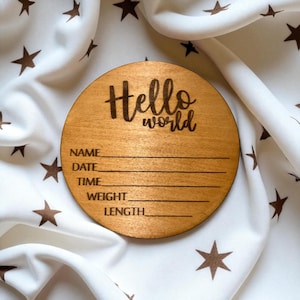 Hello World Baby Zeichen - Geburtsankündigung aus Holz für Neugeborene Foto Requisite rustikales Kinderzimmer Andenken Baby Shower Geschenk
