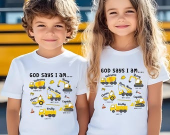 God Says I Am Kids Shirt, Christian Construction T-Shirt for Boys, Bible Verse Toddler Tee, Faith Kids Gift