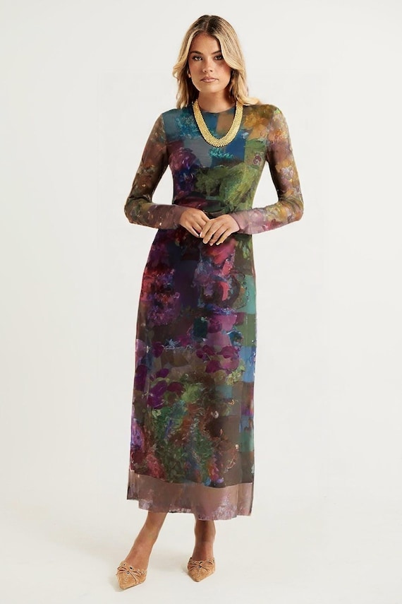 Jewel Tone Formal Dress: Elegant Special Occasion, Handpainted  Art-inspired, Sheer Sleeve Mesh, Women's Wearable Art, Travel-friendly -  Etsy