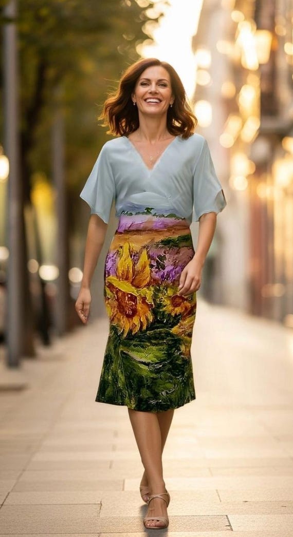 knee length travel dress Sunflower Print Dress: Wrinkle-Free Knit, French Country Art above the knee dress