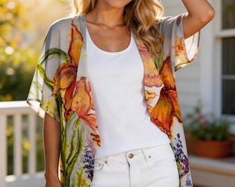 Kimono coprispalle con stampa floreale di narcisi, cardigan kimono in chiffon trasparente, capo leggero da viaggio, abbigliamento boho da resort, outfit primavera/estate da donna