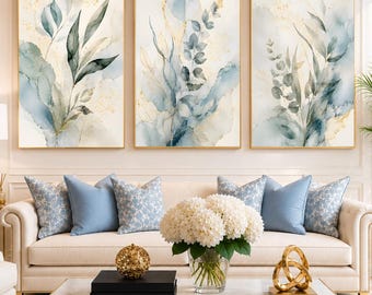 Botanical Wall Art Set of 3, Blue Botanical Prints, Modern Blue Gold Wall Decor, Luxury Botanical Triptych, Digital Download