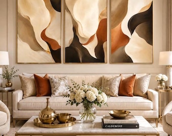 Neutrale abstracte wanddecoratie set van 3, terracotta beige canvasprints, modern minimalistisch drieluik, luxe wanddecoratie, digitale download