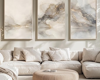 Set van 3 wanddecoraties, abstracte kunst in beige, grijs en goud, neutrale printbare wanddecoratie, organische moderne galerijwanddecoratie, digitale download