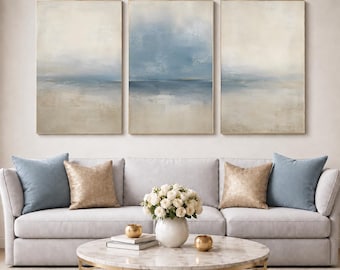 Set van 3 wanddecoraties met kustthema, abstracte wanddecoratie in patina blauwbeige, kustlandschapskunst, moderne neutrale printbare wanddecoratie, digitale download