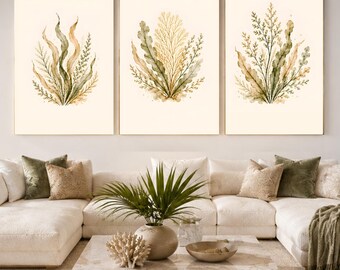 3er-Set Wandbilder mit bernsteinfarbenem Seetangmotiv, olivgrüne botanische Küstenmotive, neutrale Strandhaus-Deko, Meereskunst, digitaler Download