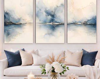 Set van 3 wanddecoraties met kustthema, abstracte wanddecoratie in patinablauw, wanddecoratie met blauwe oceaanprint, printbare wanddecoratie, decoratie voor een strandhuis, digitale download