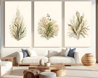 Set van 3 wanddecoraties met kustthema en botanische motieven, olijfgroene zeewierprints, wanddecoratie voor een strandhuis, printbare wanddecoratie, digitale download