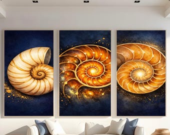 Nautilusschelp muurkunst set van 3, marine gouden kustdrieluik, abstracte spiraalprint, heilige geometrie van Fibonacci, afdrukbare digitale download