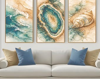 Groenblauw gouden kustmuurkunst set van 3, drieluik oesterschelpen, afdrukbare oceaangolf, decor luxe strandhuis
