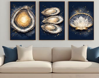 Navy Gold Oyster Wall Art set van 3, kustdrieluik afdrukbare muurkunst, luxe strandhuisdecor, oceaanschelpprint, kustdecor