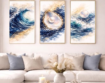 Marineblauw gouden kustmuurkunst set van 3, Ocean Wave Oyster Pearl-drieluik, luxe abstracte strandprint, afdrukbaar kustdecor
