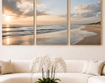 Set van 3 strandmuurdecoraties, drieluikprints met oceaan- en strandgezicht, kustlandschap met zonsondergang, neutrale wanddecoratie, kustgaleriewand, digitale download