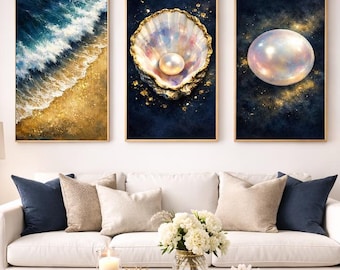 Marinegouden kustmuurkunst set van 3, Oyster Pearl-drieluik, Ocean Wave afdrukbare, luxe strandhuisdecor, abstracte kustkunst