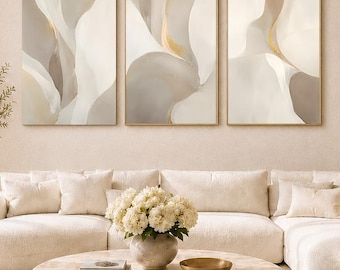 Conjunto de 3 láminas de arte abstracto neutro para pared, trípticos en tonos beige y dorado, decoración de pared moderna y orgánica, láminas imprimibles de gran formato, descarga digital.
