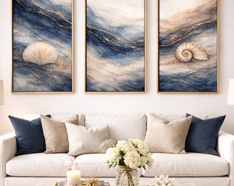 Marineblauwgouden kustmuurkunst set van 3 | Afdrukbaar abstract drieluik schelp | Luxe stranddecoratie | Digitale oceaandownload