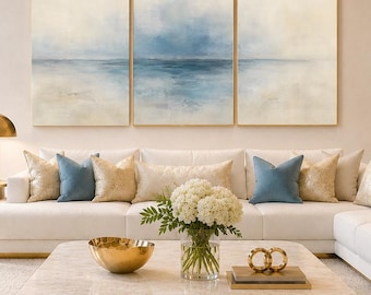 Set van 3 wanddecoraties met kustthema, blauwe abstracte zeegezichtprints, beige oceaanwanddecoratie, moderne kunst voor een strandhuis, digitale download