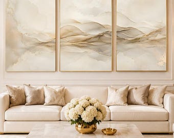 Set van 3 wanddecoraties, neutrale abstracte wanddecoratie, beige en gouden printbare wanddecoratie, organische moderne galerijwanddecoratie, digitale download