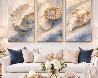 Neutrale kustschelp muurkunst set van 3, beige blauwe Nautilus Oyster-drieluik, gouden kustdecor afdrukbaar