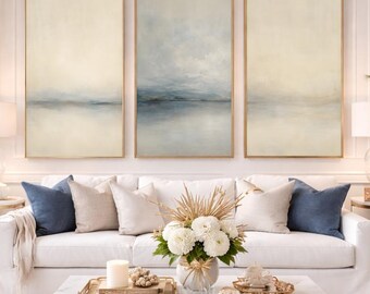 Set van 3 wanddecoraties met kustthema, abstract oceaanlandschap in patinablauw, neutrale strandhuisdecoratie, printbare wanddecoratie, digitale download