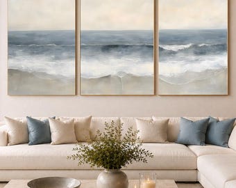 Set van 3 neutrale kustwanddecoraties, blauwgrijze oceaankunst, beige strandprints, minimalistische zeegezichtdecoratie, digitale download