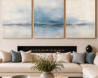Set van 3 muurdecoraties met kustthema, abstracte landschapsprints in blauw en beige, moderne neutrale zeegezichtkunst, decoratie voor strandhuis, printbare digitale download