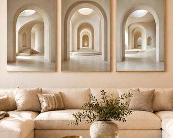 Set van 3 neutrale wanddecoraties, mediterrane boogprints, beige architectonische wanddecoratie, Japandi-decoratie, organische moderne kunst, digitale download