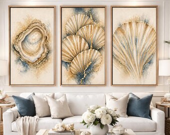 Neutrale kustschelp muurkunst set van 3, gouden oesterschelp-drieluik, beige blauw strandhuisdecor, afdrukbare kustkunst