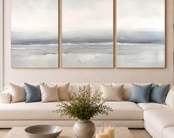 Neutrale kustdecoratie voor aan de muur, set van 3 prints, grijze strandprints, oceaankunst, minimalistische slaapkamerdecoratie, digitale download