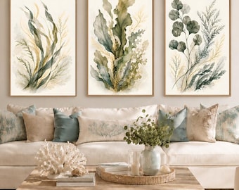 Coastal Botanical Wall Art Set of 3, Printable Seaweed & Coastal Foliage Prints, Neutral Beach House Decor, Digital Download