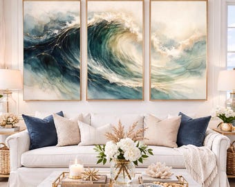 Abstracte oceaangolf kunst aan de muur, set van 3, kustaquarel strandprint, marineblauwe gouden kunstwerken, modern minimalistisch muurdecor