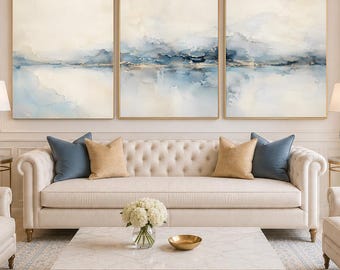 Patina Blue Muurdecoratie Set van 3 Prints, Abstracte Kustlandschapskunst, Blauwe Oceaan Muurdecoratie, Strandhuisdecoratie, Printbare Digitale Download