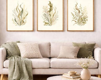 Set van 3 neutrale, botanische wanddecoraties met kustthema, olijfgroene zeewierprints, linnenstructuur, organisch modern drieluik, digitale download