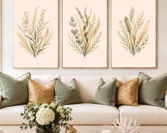 Neutral Coastal Botanical Wall Art Set of 3, Beige Olive Green Prints, Organic Modern Beach House Decor, Digital Download