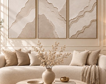 Neutrale abstracte wanddecoratieset van 3 stuks, beige getextureerde galerijprints, minimalistische organische vormen, Japandi wanddecoratie, digitale download