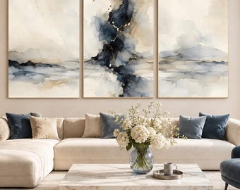 Moderne abstracte wanddecoratie set van 3, blauwbeige prints, neutrale wanddecoratie voor de woonkamer, luxe eigentijdse decoratie, digitale download