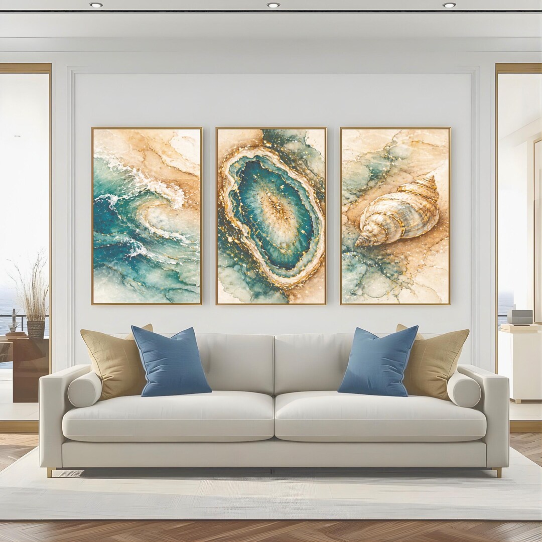 Teal Gold Coastal Wall Art Set of 3, Oyster Shell Triptych, Ocean Wave ...
