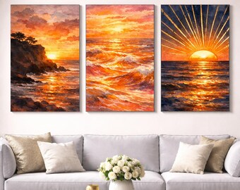 Oceaan zonsondergang muur kunst set van 3, kust strand print, oranje gouden zeegezicht artwork, dramatische zonsondergang golven, modern wanddecor