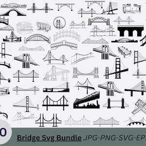 Puede incluir: Una colección de 60 diseños de puentes en blanco y negro, incluyendo puentes colgantes, de arco y de vigas. La imagen incluye el texto "Bridge Svg Bundle JPG-PNG-SVG-EPS-AI".