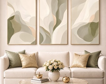 Olijfgroene abstracte wanddecoratie set van 3, luxe organische abstracte prints, saliebeige gouden drieluik, moderne galerijdecoratie, digitale download