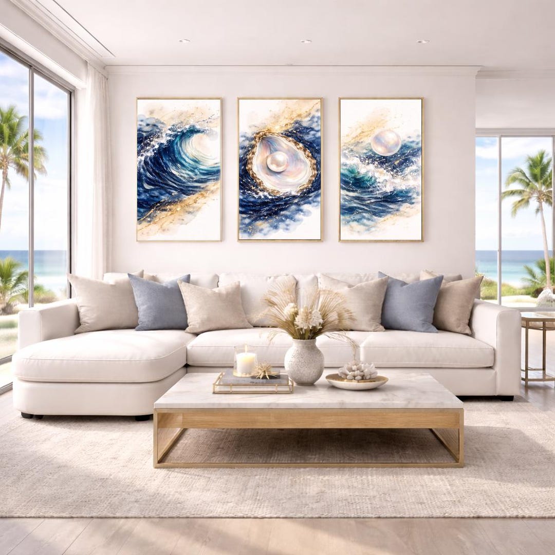 Navy Blue Gold Coastal Wall Art Set of 3, Ocean Wave Oyster Pearl ...