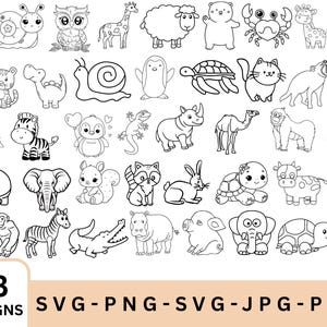 Puede incluir: Ilustraciones en blanco y negro de 43 animales diferentes, incluyendo un conejo, un caracol, un búho, una jirafa y una oveja. La imagen también incluye el texto "43 Designs" e información sobre los tipos de archivo.