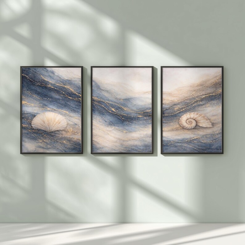 Navy Blue Gold Coastal Wall Art Set of 3 | Seashell Abstract Triptych ...