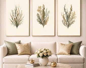 Olijfgroene botanische wanddecoratie set van 3, kustzeewierprints, neutrale linnen decoratie, organische moderne galerijwand, digitale download