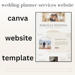 Könnte beinhalten: Eine Website-Vorlage für Hochzeitsplaner-Dienste. Das Design verfügt über eine neutrale Farbpalette mit Bildern eines Paares und floralen Akzenten. Der Text enthält "BORCELLE WEDDING" und "WE ARE THE". Die Vorlage ist für Canva konzipiert.