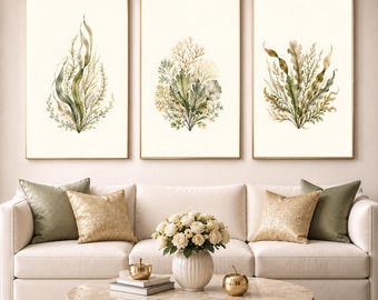 Olijfgroene kustwanddecoratie, set van 3 botanische prints, moderne kustkunst, groene botanische wanddecoratie, kunst voor een strandhuis, digitale download