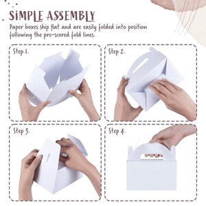 Puede incluir: Instrucciones paso a paso para montar una caja de papel blanca. La imagen muestra la caja pleg&aacute;ndose, con el texto "SIMPLE ASSEMBLY" en la parte superior. Los pasos est&aacute;n numerados del 1 al 4.
