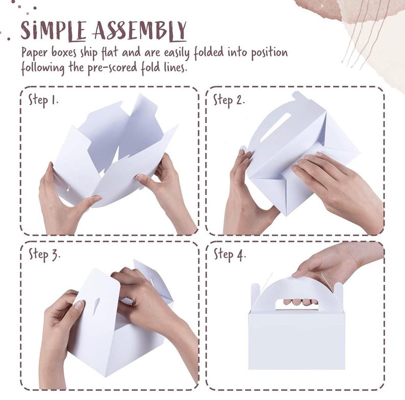 Puede incluir: Instrucciones paso a paso para montar una caja de papel blanca. La imagen muestra la caja pleg&aacute;ndose, con el texto "SIMPLE ASSEMBLY" en la parte superior. Los pasos est&aacute;n numerados del 1 al 4.